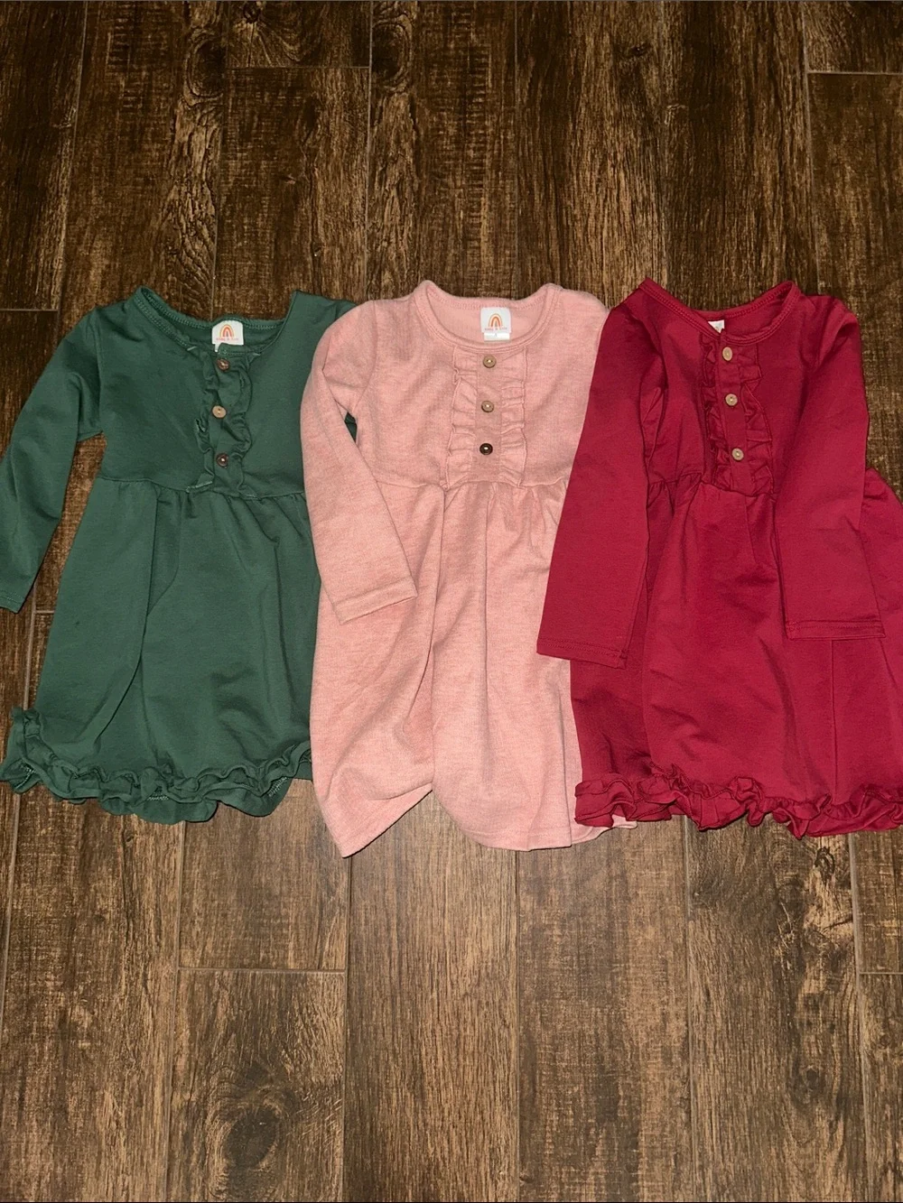Girls' Ruffle-Trim Long Sleeve Dress - Pink, Green, Red bundle
